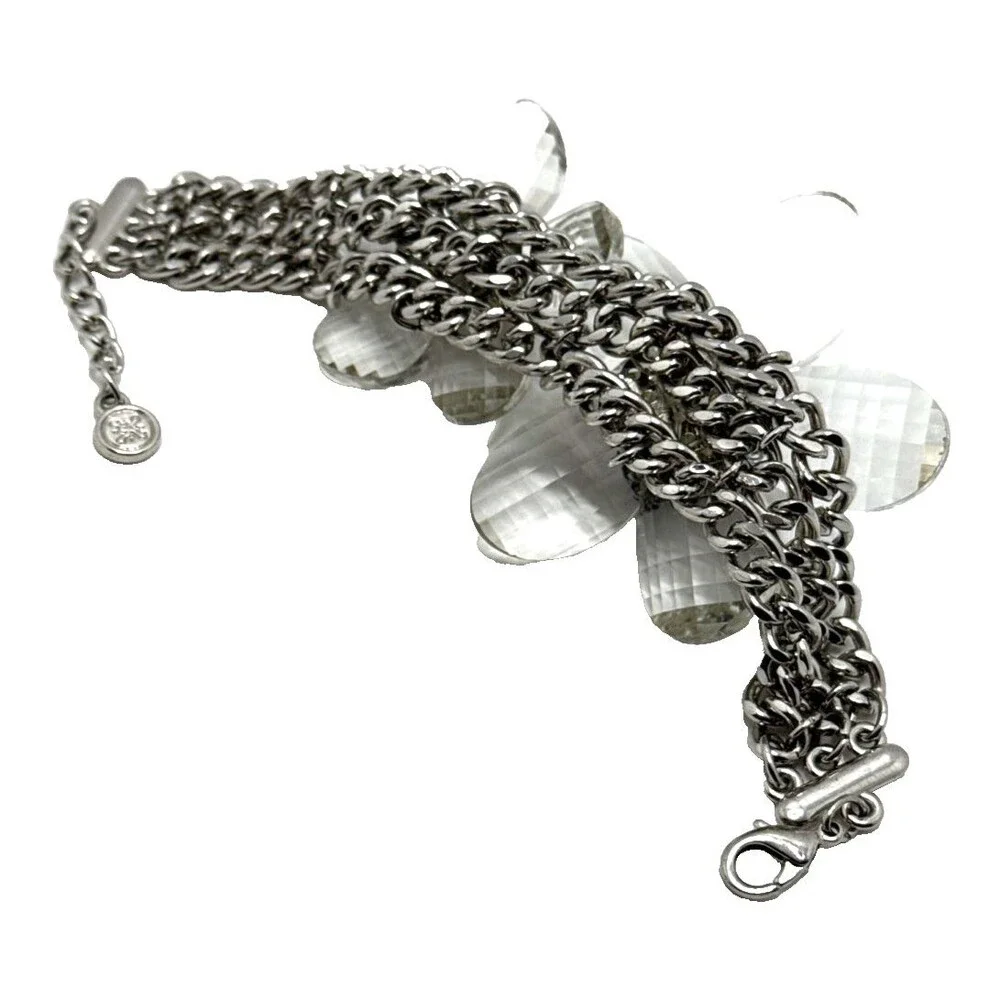 New VERA WANG Faceted Crystal Flowers Bracelet Silver Tone Chainmail Statement